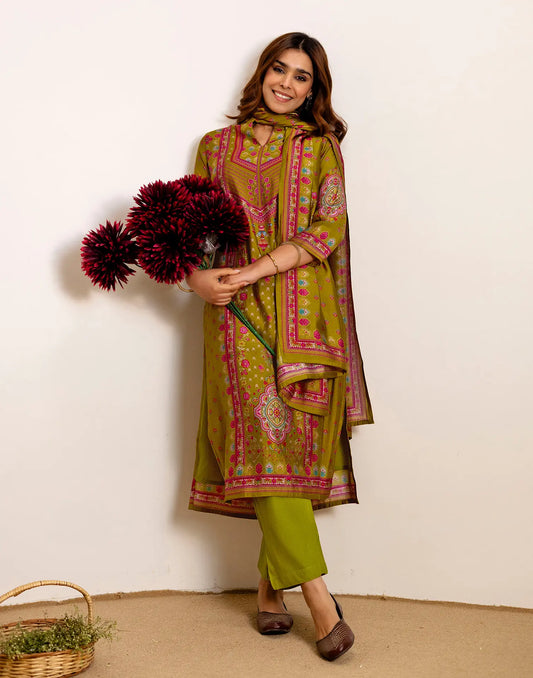 Olive Green Mandarin Collar Neck Digital Printed Straight 3 Piece Kurta Set With Dupatta