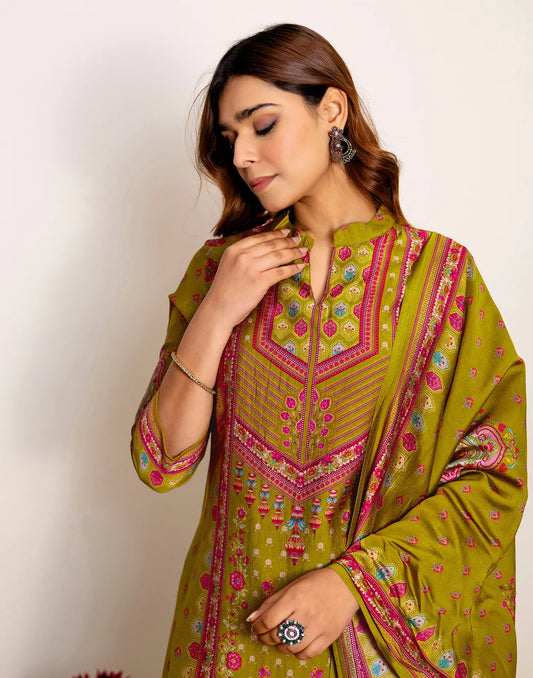 Olive Green Mandarin Collar Neck Digital Printed Straight 3 Piece Kurta Set With Dupatta