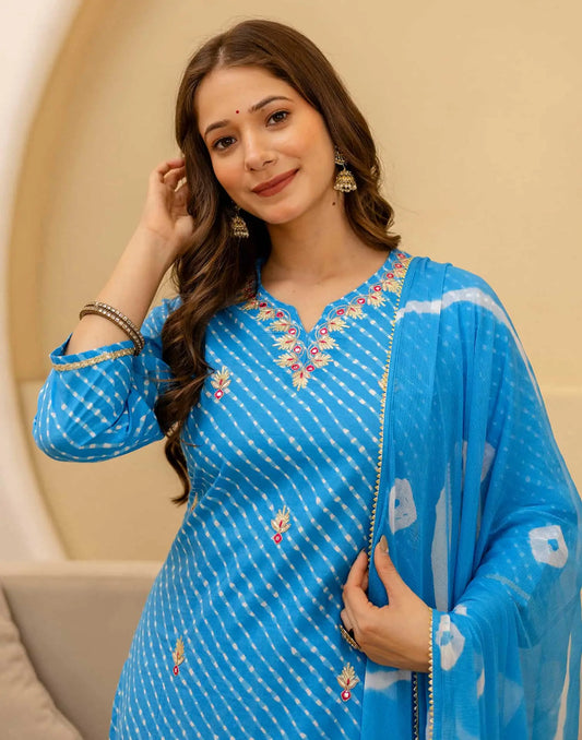 Cotton Printed Straight Kurta with Pant & Dupatta