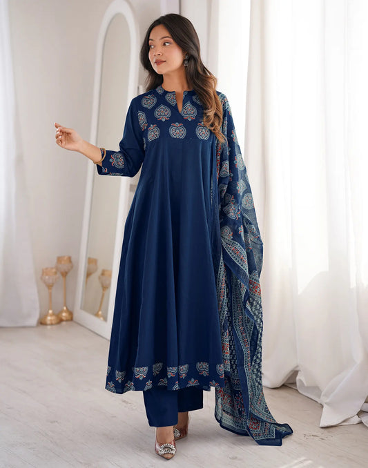 Schiava Blue Mandarin Collar With Split Neck Printed Anarkali 3 Piece Kurta Set With Dupatta