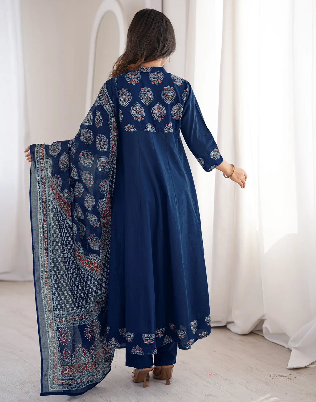 Schiava Blue Mandarin Collar Printed Anarkali 3 Piece Kurta Set with Dupatta