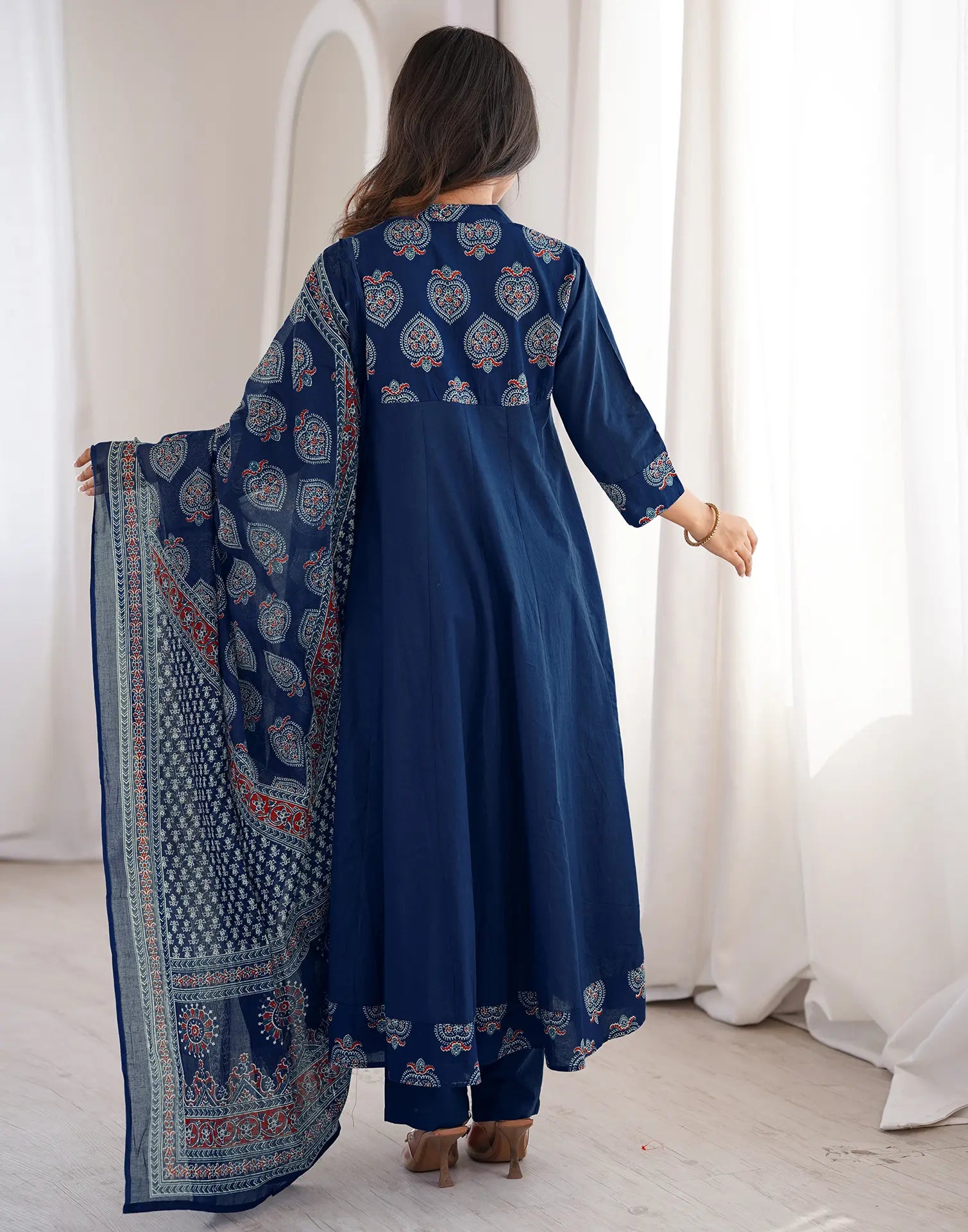 Schiava Blue Mandarin Collar Printed Anarkali 3 Piece Kurta Set with Dupatta