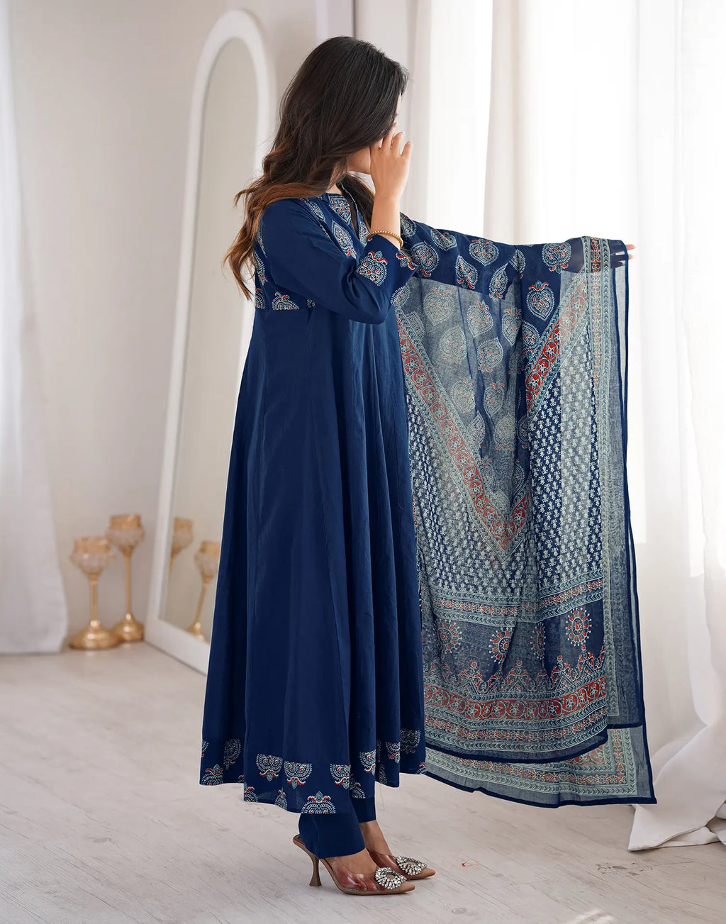 Schiava Blue Mandarin Collar Printed Anarkali 3 Piece Kurta Set with Dupatta