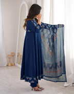Schiava Blue Mandarin Collar Printed Anarkali 3 Piece Kurta Set with Dupatta