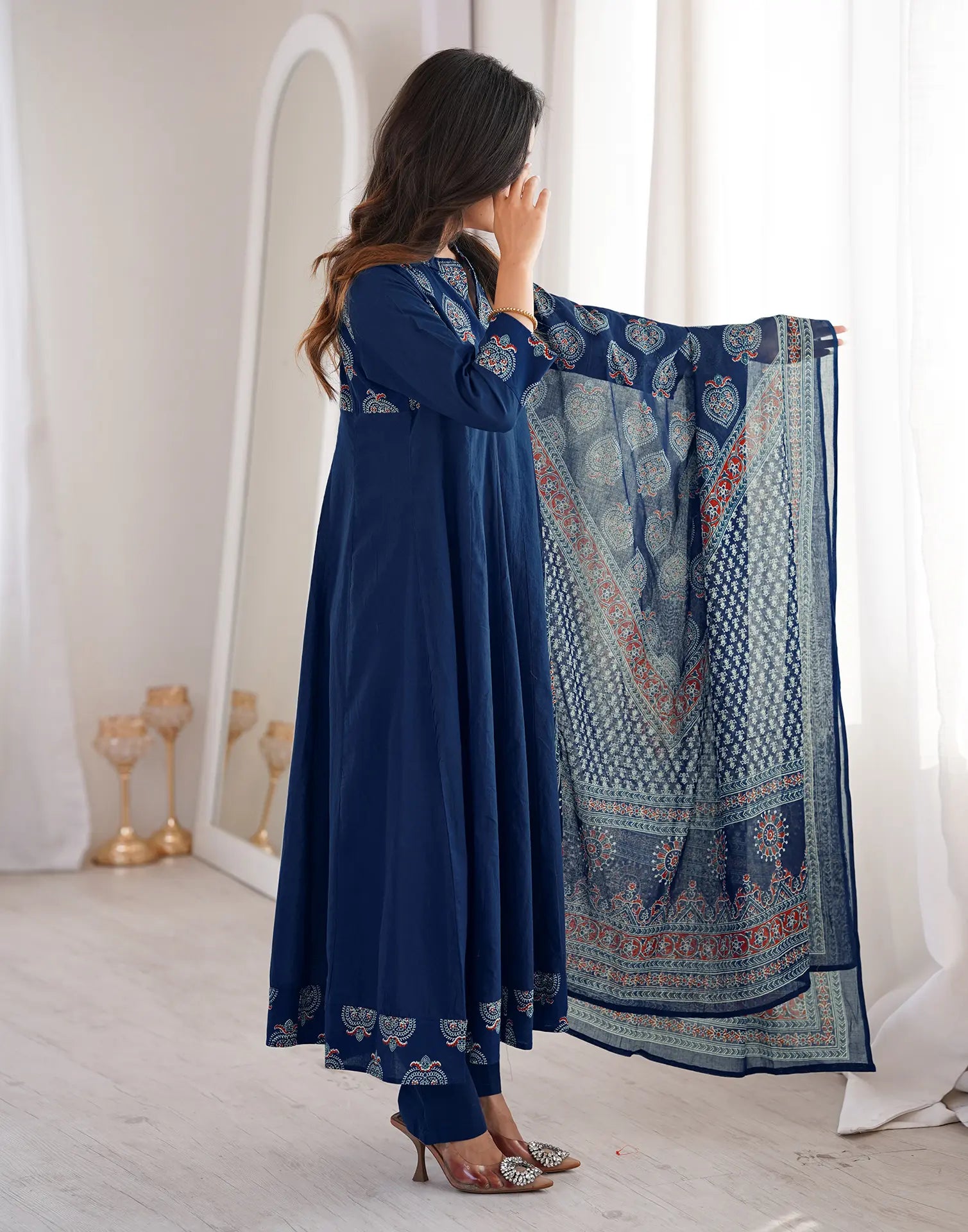 Schiava Blue Mandarin Collar Printed Anarkali 3 Piece Kurta Set with Dupatta