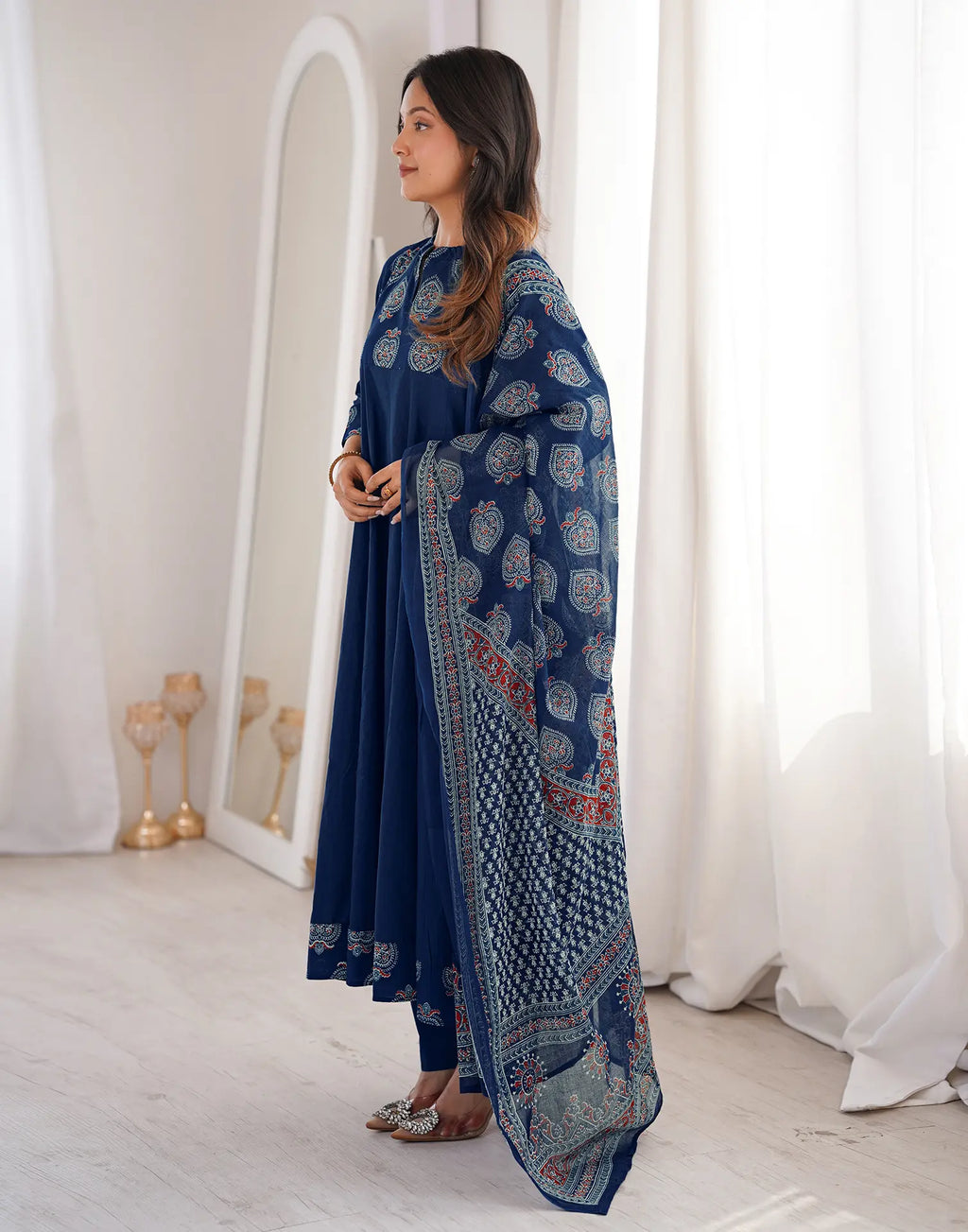 Schiava Blue Mandarin Collar Printed Anarkali 3 Piece Kurta Set with Dupatta