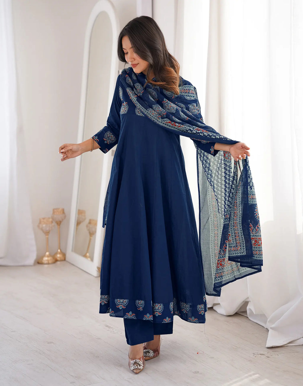 Schiava Blue Mandarin Collar Printed Anarkali 3 Piece Kurta Set with Dupatta