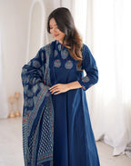 Schiava Blue Mandarin Collar Printed Anarkali 3 Piece Kurta Set with Dupatta