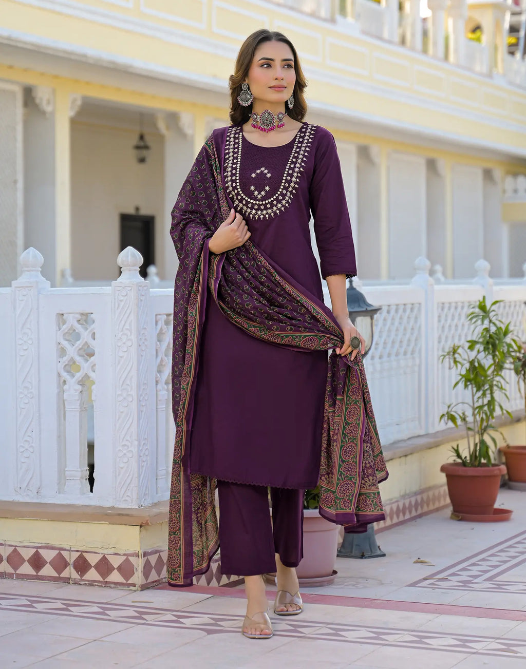 Skylee Cotton Embroidered Straight 3 Piece Kurta Set For Woman