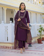 Skylee Cotton Embroidered Straight 3 Piece Kurta Set For Woman