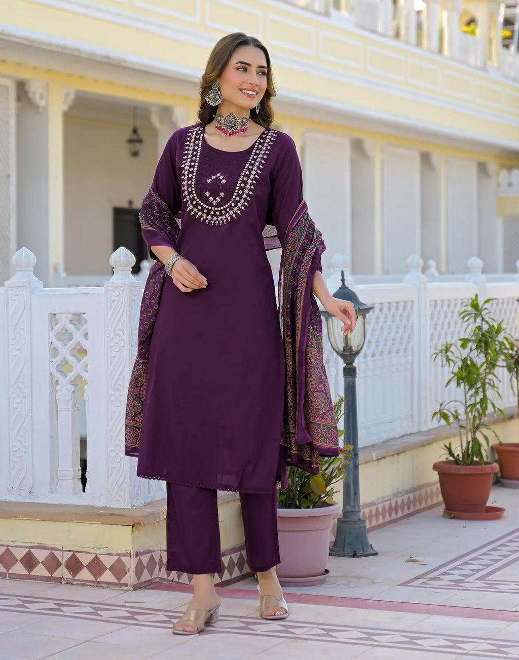 Skylee Cotton Embroidered Straight 3 Piece Kurta Set For Woman