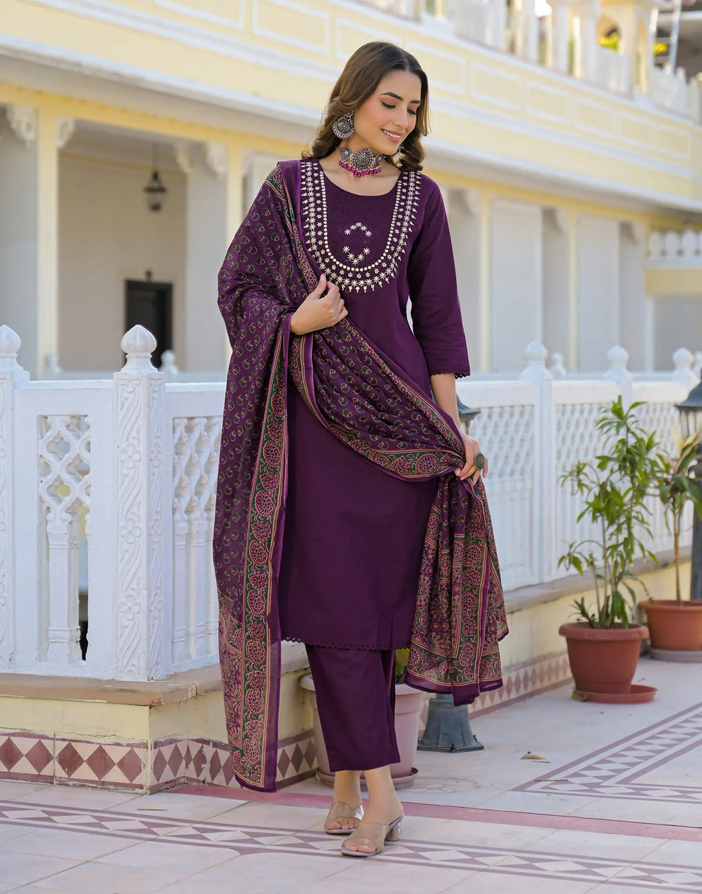 Skylee Cotton Embroidered Straight 3 Piece Kurta Set For Woman