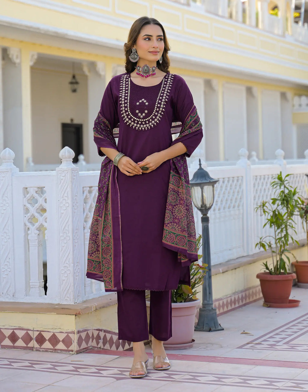 Skylee Cotton Embroidered Straight 3 Piece Kurta Set For Woman