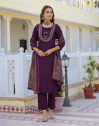 Skylee Cotton Embroidered Straight 3 Piece Kurta Set For Woman