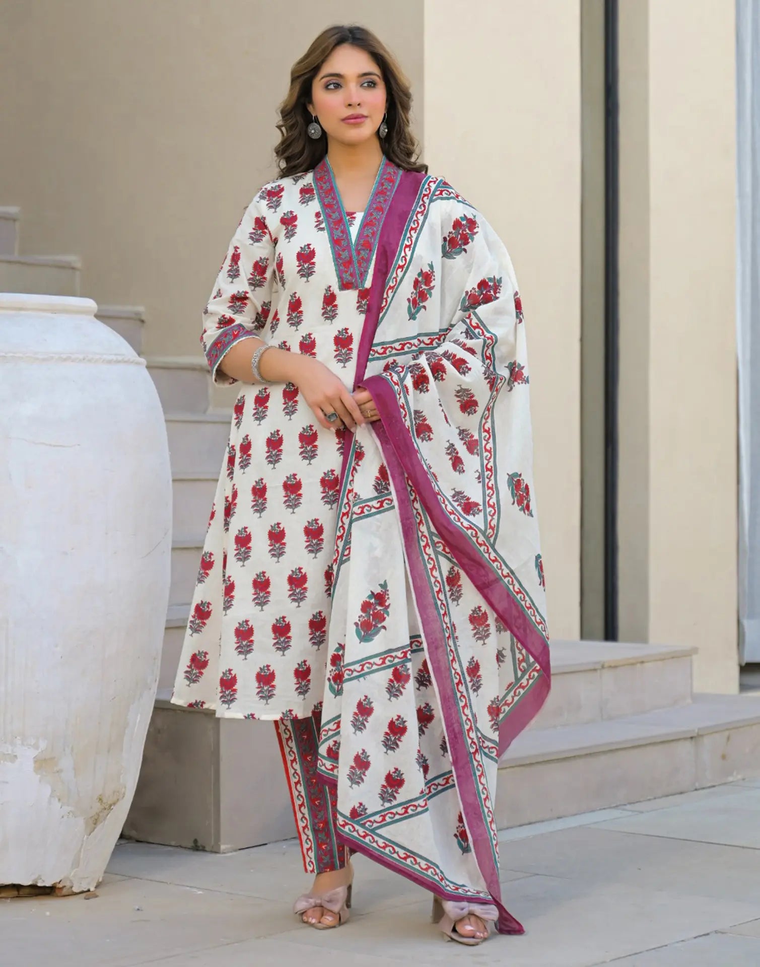 Skylee Cotton Printed A-Line 3 Piece Kurta Set For Woman