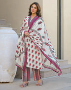 Skylee Cotton Printed A-Line 3 Piece Kurta Set For Woman