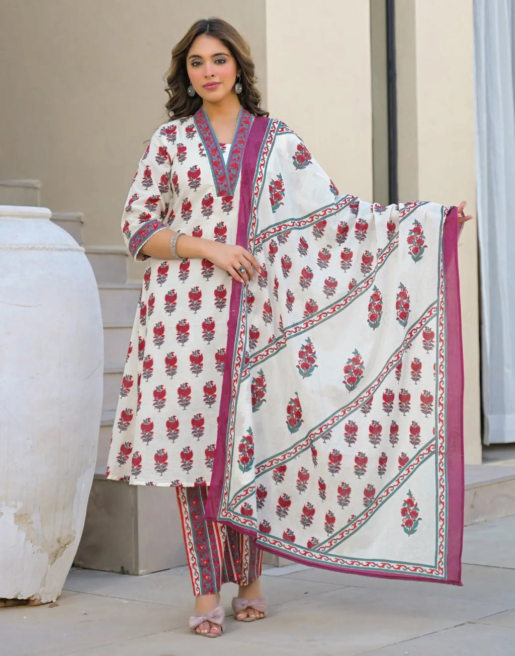 Skylee Cotton Printed A-Line 3 Piece Kurta Set For Woman