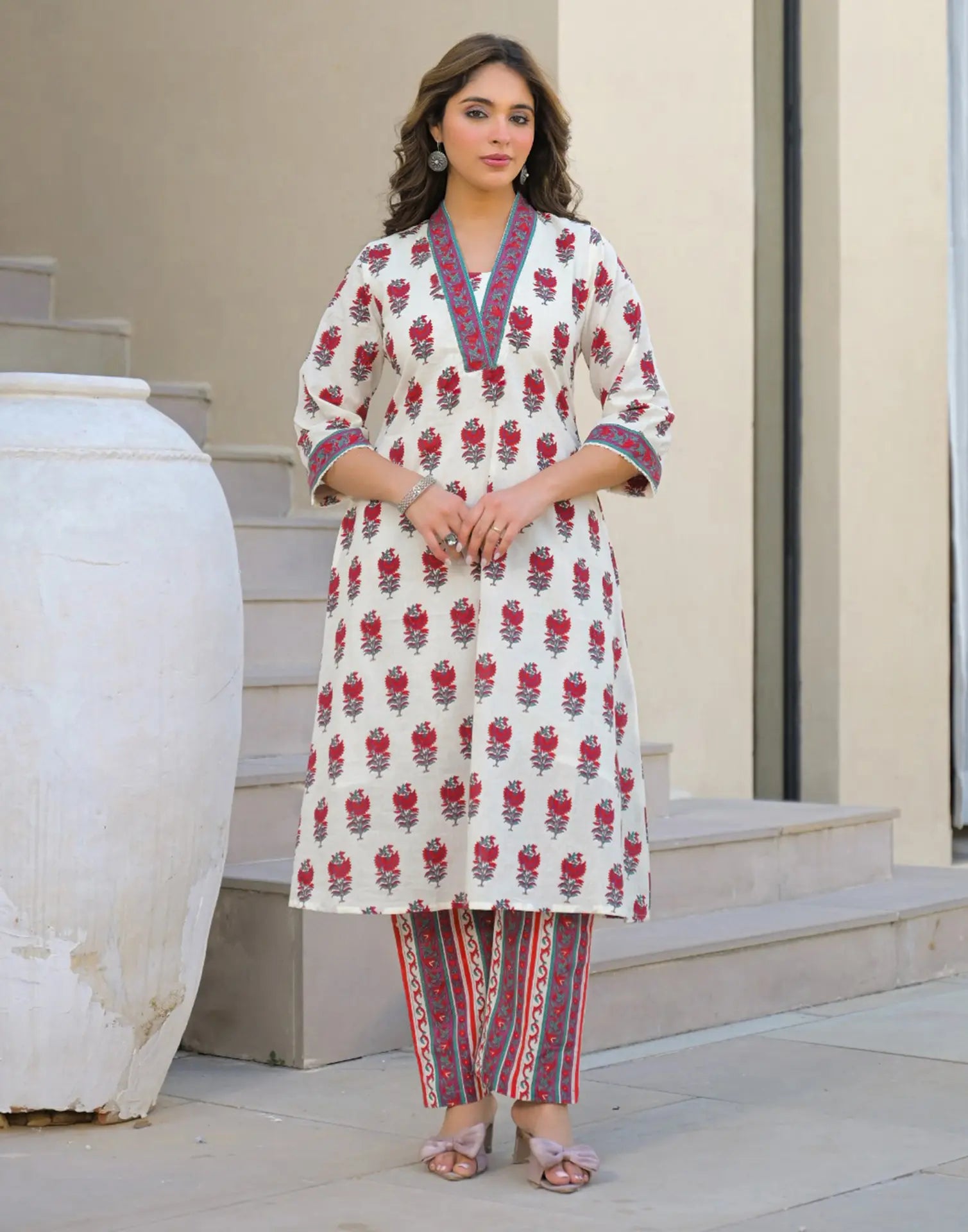 Skylee Cotton Printed A-Line 3 Piece Kurta Set For Woman