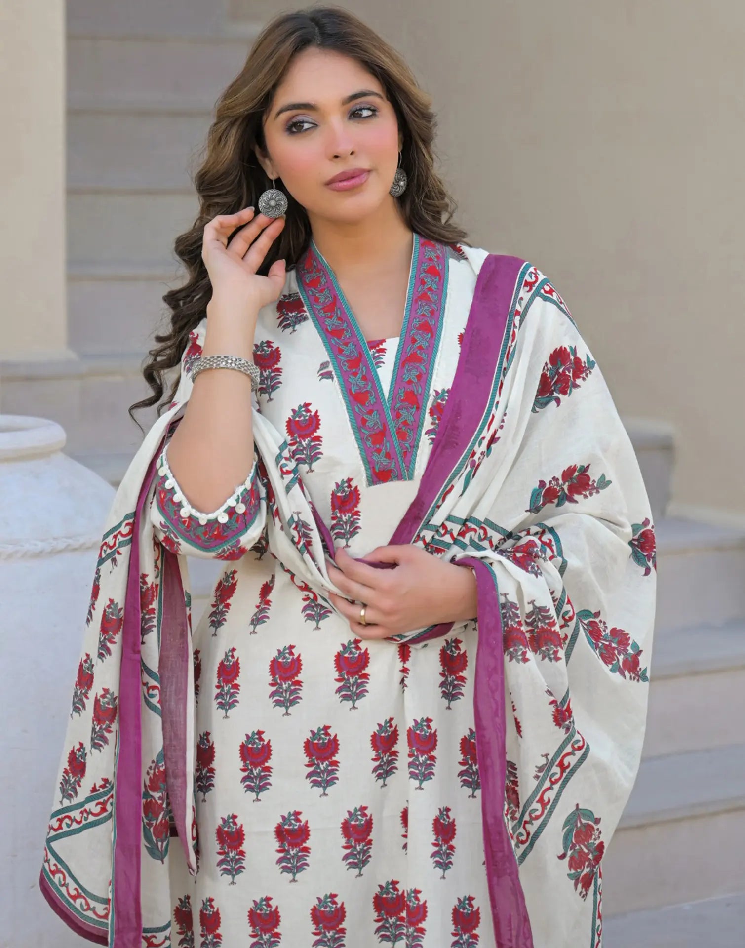 Skylee Cotton Printed A-Line 3 Piece Kurta Set For Woman