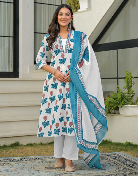 Cotton Floral Print A-Line 3 Piece Kurta Set