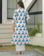 Skylee Cotton Floral Print A-Line 3 Piece Kurta Set For Woman