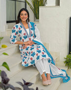 Skylee Cotton Floral Print A-Line 3 Piece Kurta Set For Woman