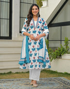Skylee Cotton Floral Print A-Line 3 Piece Kurta Set For Woman