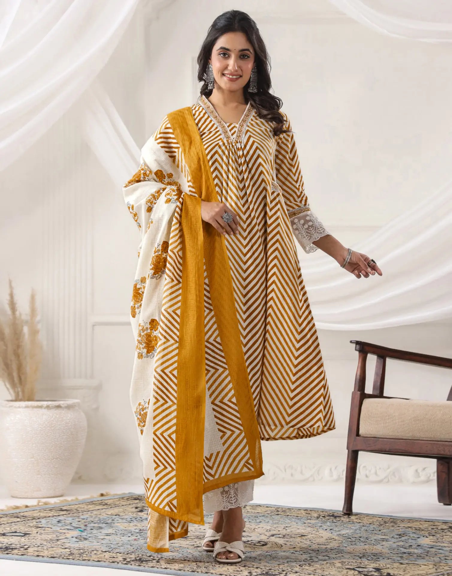 Skylee Cotton Embroidered Anarkali 3 Piece Kurta Set For Woman