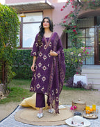 Midnight Plum Purple Layered V Neckline Embroidered Printed Straight 3 Piece Kurta Set with Dupatta