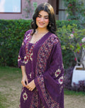 Midnight Plum Purple Layered V Neckline Embroidered Printed Straight 3 Piece Kurta Set with Dupatta