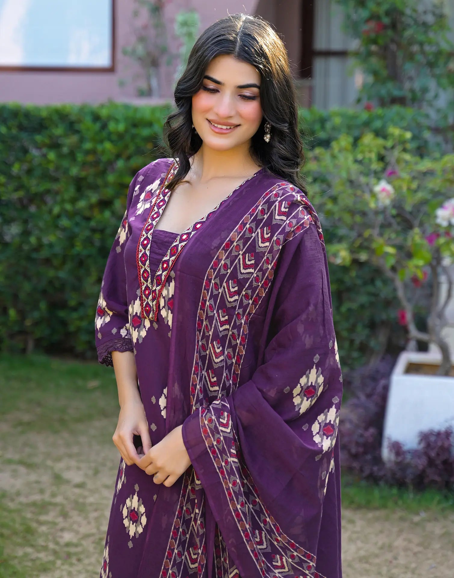 Midnight Plum Purple Layered V Neckline Embroidered Printed Straight 3 Piece Kurta Set with Dupatta