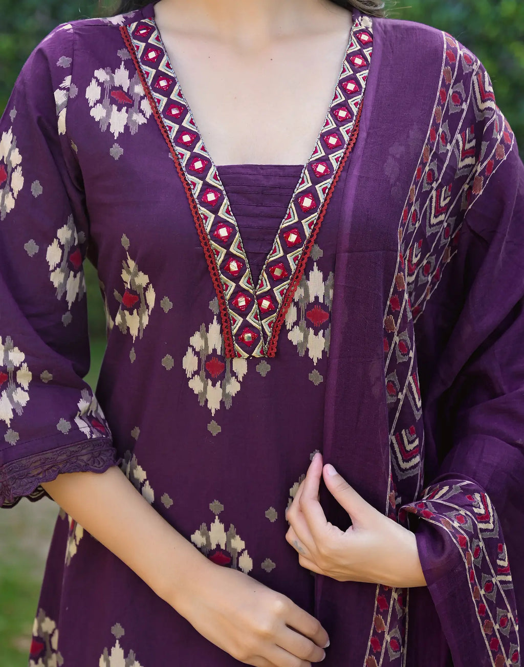 Midnight Plum Purple Layered V Neckline Embroidered Printed Straight 3 Piece Kurta Set with Dupatta