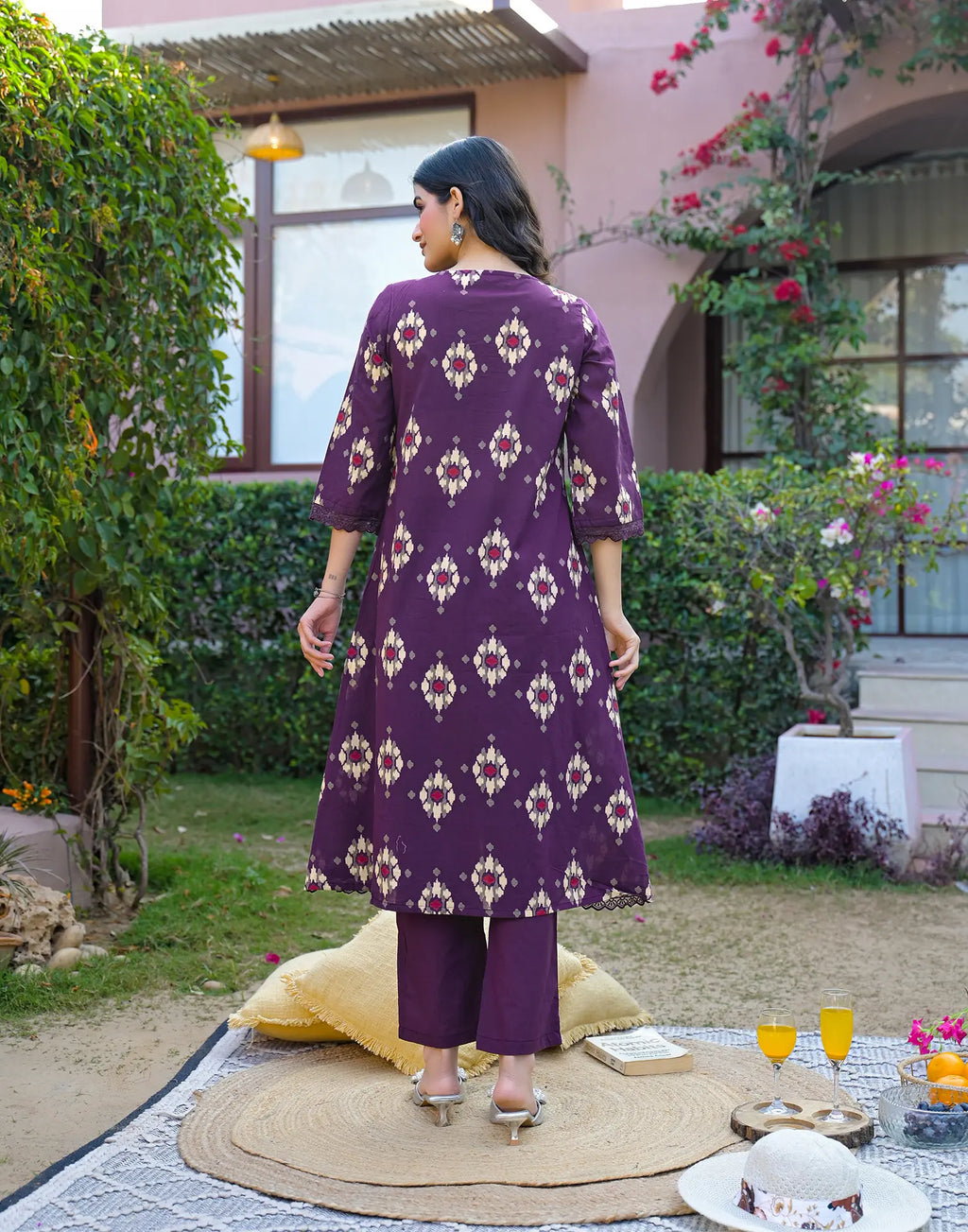 Midnight Plum Purple Layered V Neckline Embroidered Printed Straight 3 Piece Kurta Set with Dupatta