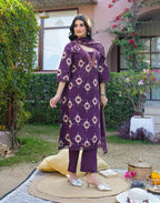 Midnight Plum Purple Layered V Neckline Embroidered Printed Straight 3 Piece Kurta Set with Dupatta