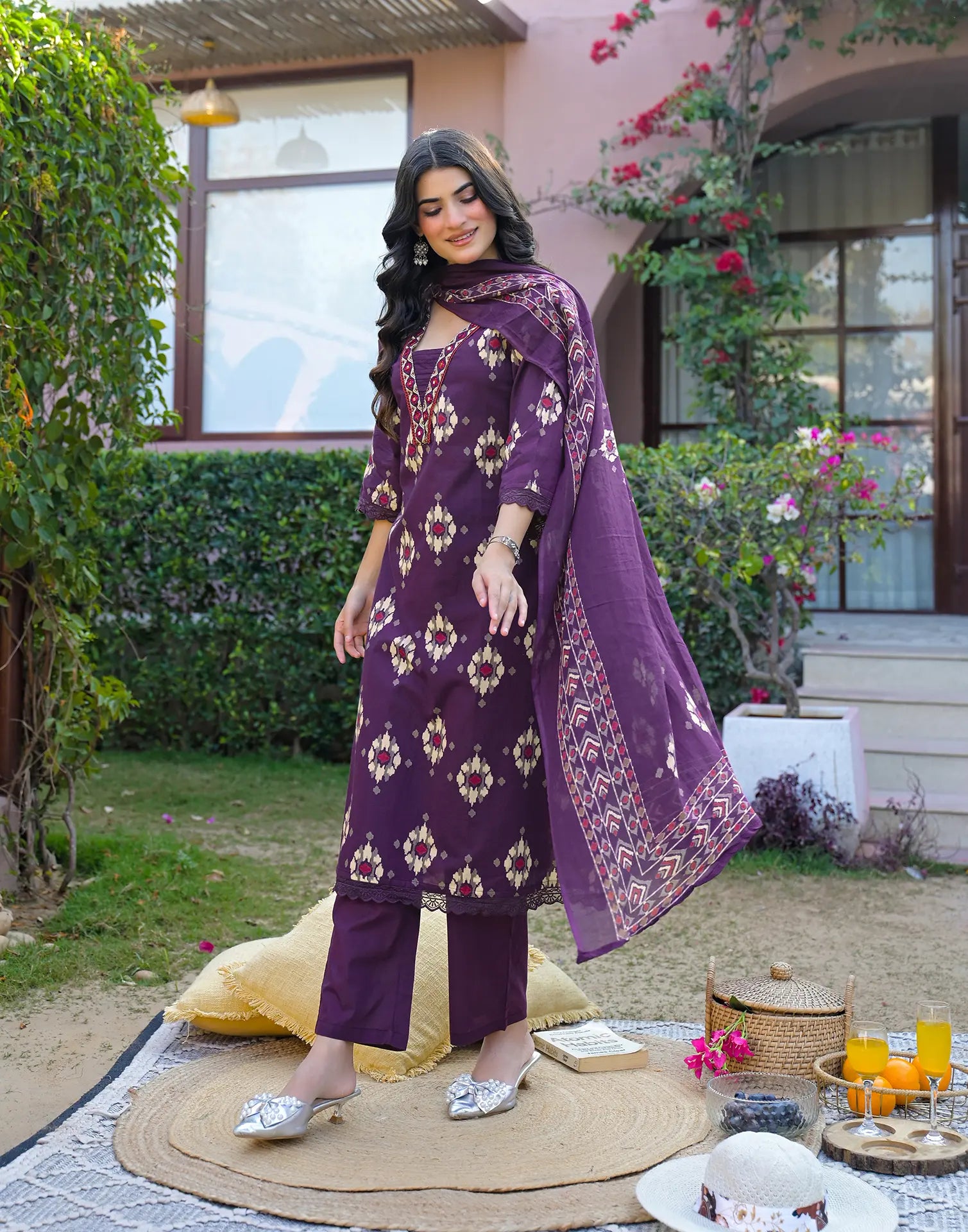 Midnight Plum Purple Layered V Neckline Embroidered Printed Straight 3 Piece Kurta Set with Dupatta