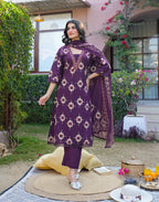 Midnight Plum Purple Layered V Neckline Embroidered Printed Straight 3 Piece Kurta Set with Dupatta