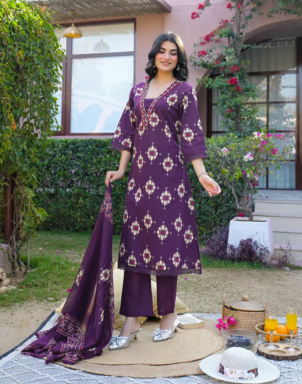 Midnight Plum Purple Layered V Neckline Embroidered Printed Straight 3 Piece Kurta Set with Dupatta