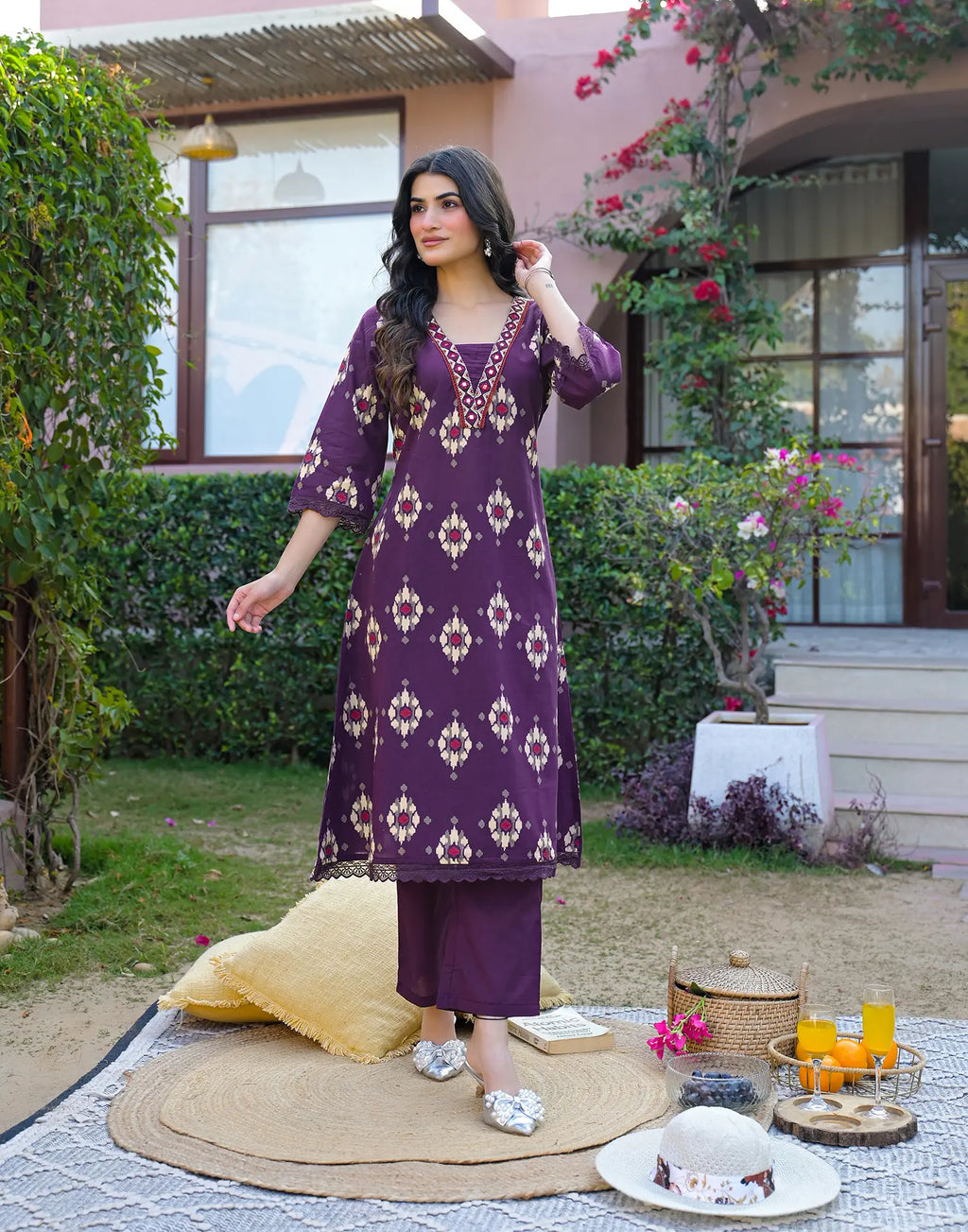 Midnight Plum Purple Layered V Neckline Embroidered Printed Straight 3 Piece Kurta Set with Dupatta