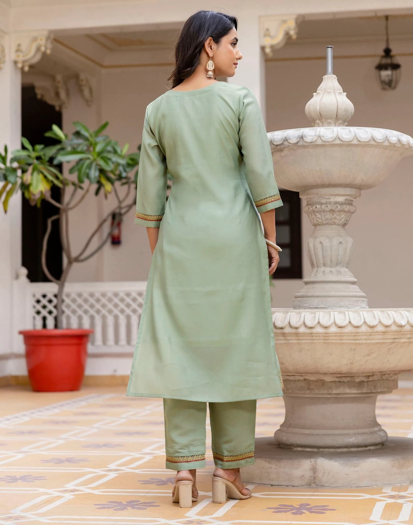 Skylee Light Green Silk Embroidered Straight Kurta Set for Women