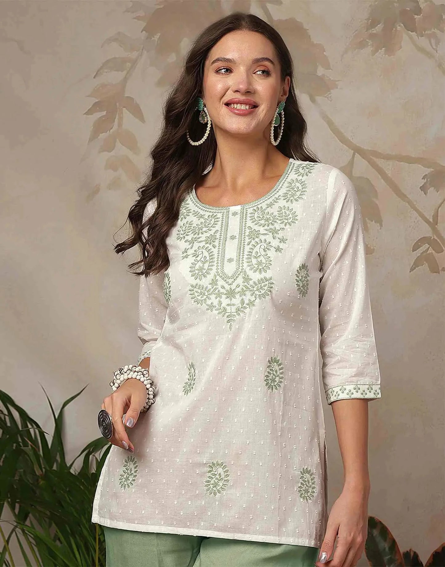 Cotton Chikankari Straight Round Neck Short Kurti