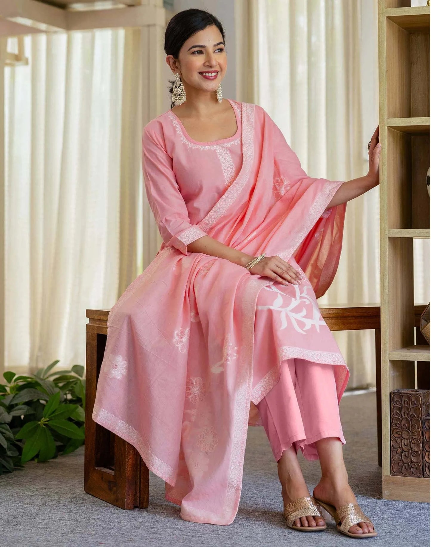 Cotton Weaving Straight Kurta with Pant & Dupatta