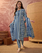 Cobalt Blue Round Neck Digital Printed Straight 3 Piece Kurta Set with Dupatta