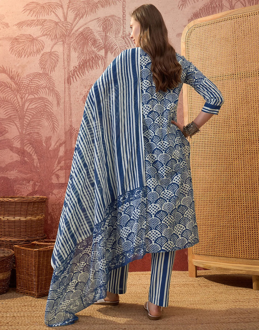 Cobalt Blue Round Neck Digital Printed Straight 3 Piece Kurta Set with Dupatta