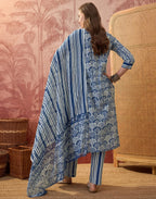 Cobalt Blue Round Neck Digital Printed Straight 3 Piece Kurta Set with Dupatta