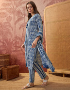 Cobalt Blue Round Neck Digital Printed Straight 3 Piece Kurta Set with Dupatta