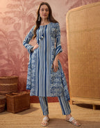 Cobalt Blue Round Neck Digital Printed Straight 3 Piece Kurta Set with Dupatta