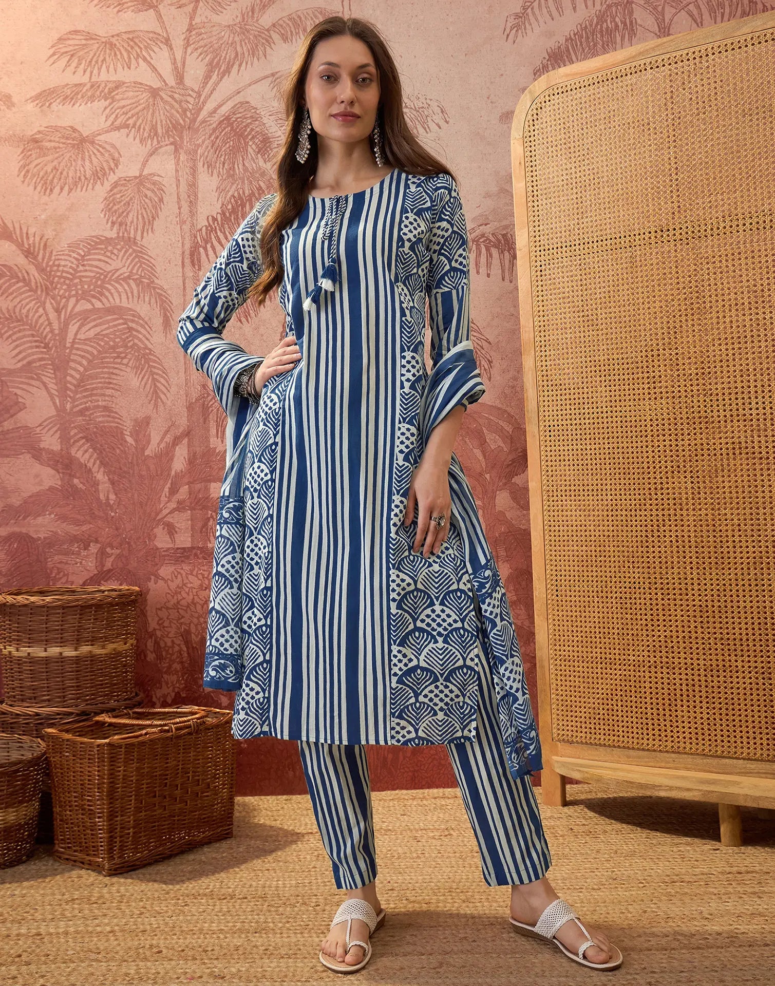 Cobalt Blue Round Neck Digital Printed Straight 3 Piece Kurta Set with Dupatta