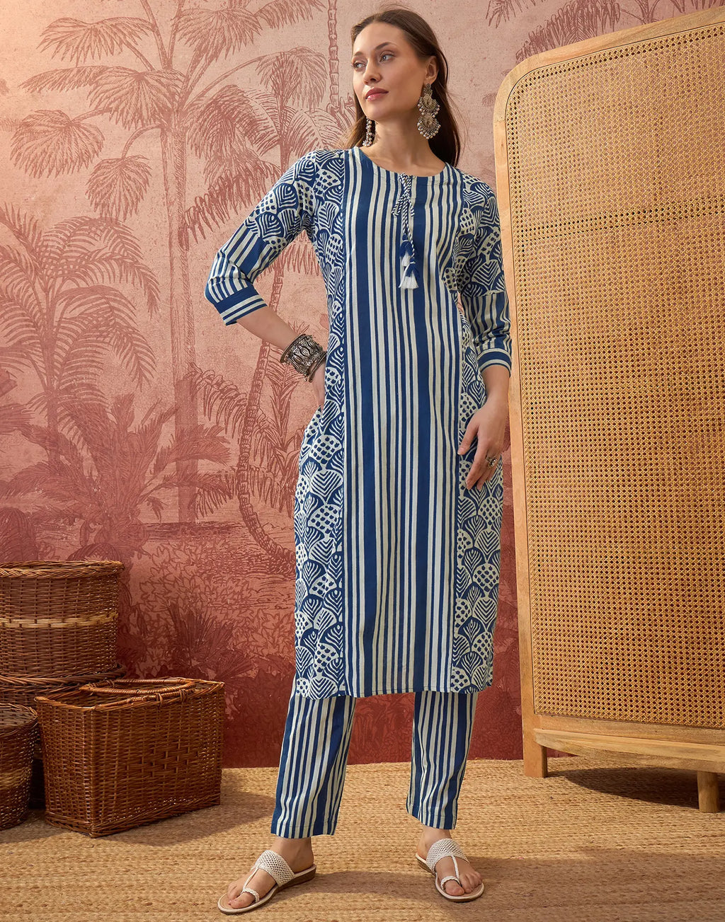 Cobalt Blue Round Neck Digital Printed Straight 3 Piece Kurta Set with Dupatta