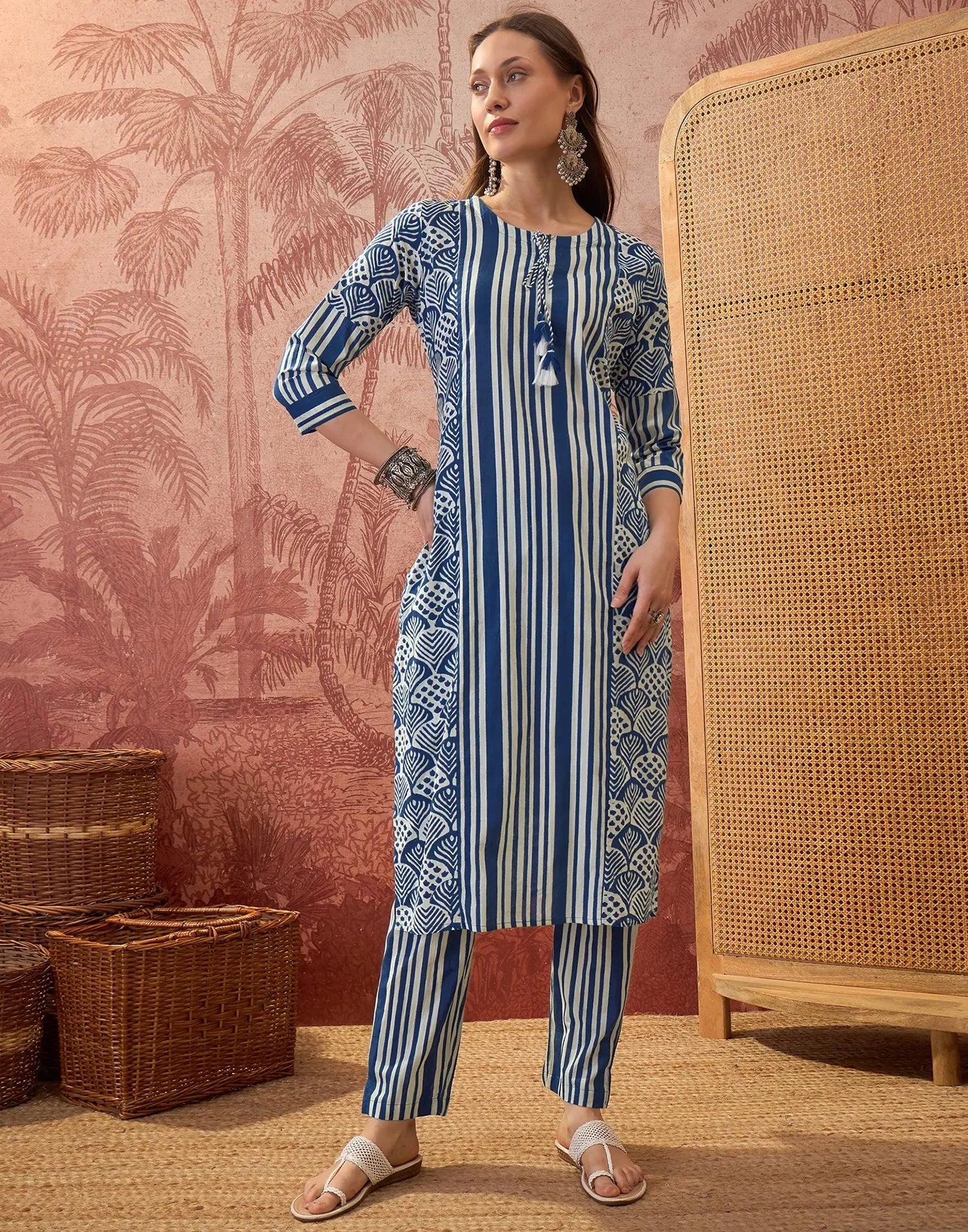 Cobalt Blue Round Neck Digital Printed Straight 3 Piece Kurta Set with Dupatta