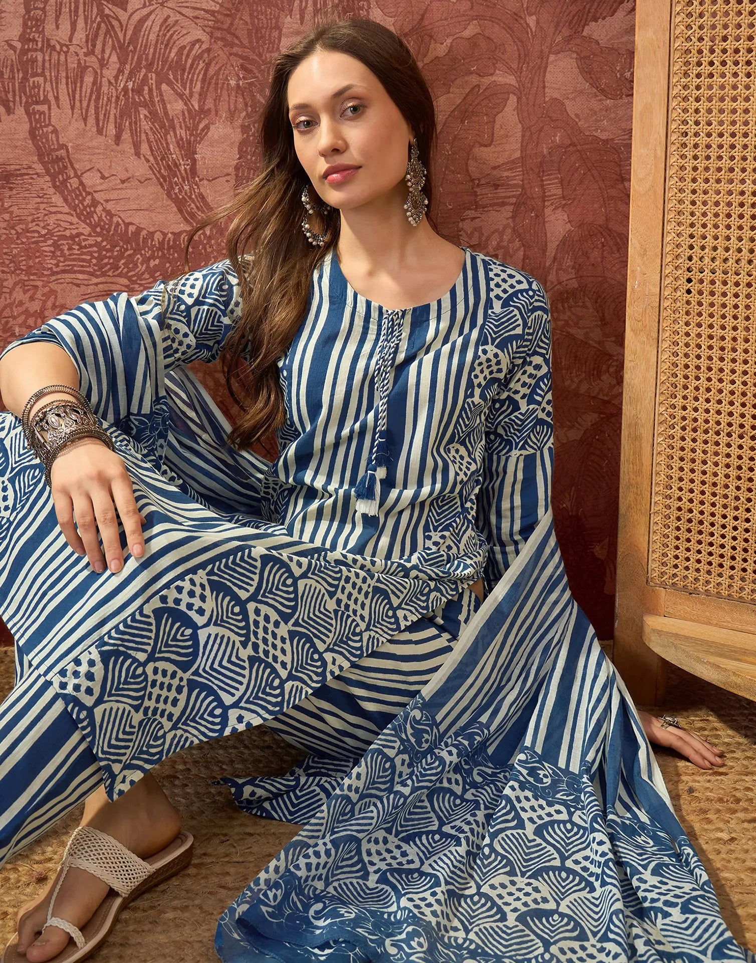 Cobalt Blue Round Neck Digital Printed Straight 3 Piece Kurta Set with Dupatta